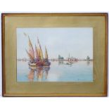 G Dragoust ??, Marine School, Watercolour, Sail ships moored in Venetian lagoon, Signed lower right.