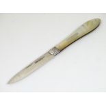 A mother of pearl handled folding fruit knife with silver blade hallmarked Sheffield 1862 maker