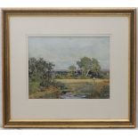 Albert Ernest Brockbank (1862-1958), Watercolour, Figure in rural fields, Signed lower left,