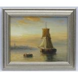 James Hardy XX Marine School, Oil on board, Rowing over to the fishing boat moored off shore,