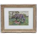 Cecilia Crompton, XIX-XX, Equine School, Watercolour, A heavy horse mare and her foal in a field,