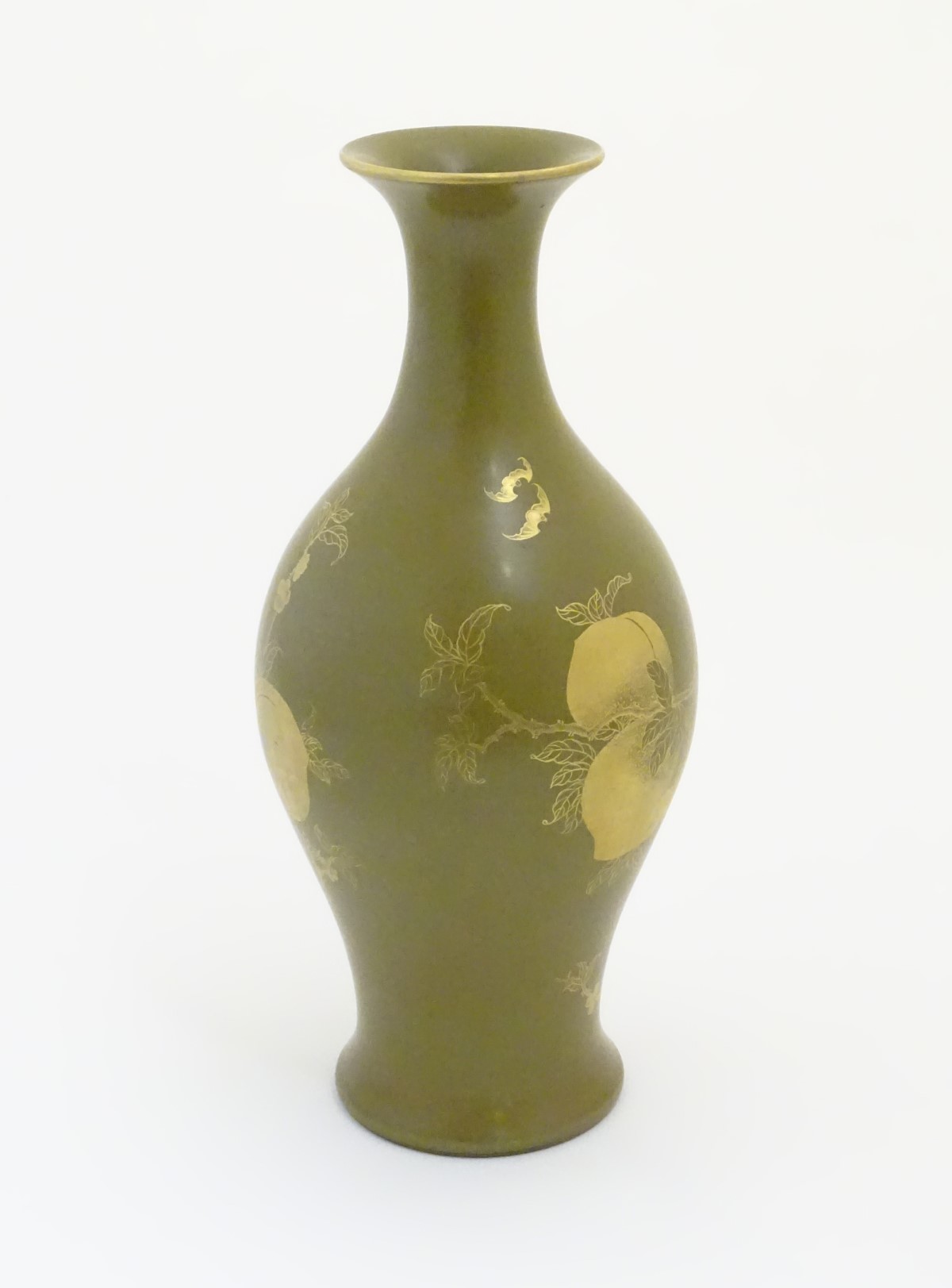 A Chinese tea dust glaze vase with gilt fruit, bat and branch decoration. Character marks under. - Image 5 of 7