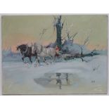 Angus Scott (1909-2003), Oil on canvas, Two horses pulling a tree trunk in the fallen snow,