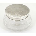 A cut glass powder bowl with Art Deco silver top having engine turned decoration hallmarked