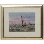 Michael Crawley, XX-XXI, Watercolour, 'Thames Barges off Tilbury' with sail boats, steam tug, etc.