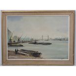 Arthur H Twells (1921), Irish, Oil on board, The River Thames showing boats, barges and cranes etc.
