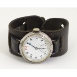 Silver ? Trench Wrist Watch: an early 20thC mechanical wristwatch with red 12,