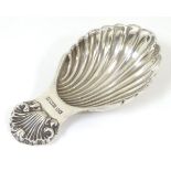 A silver caddy spoon with shell decoration to bowl and handle.