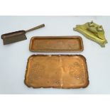 Decorative metalware items to include an Arts and Crafts embossed copper tray with dimple like