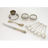 Assorted silver and silver plate items including a pair of cut glass salts with silver rims