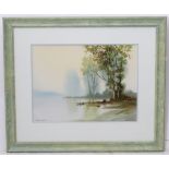 Leslie Lake, (19)89, Watercolour, Atmospheric figure fishing from a boat on a lake,