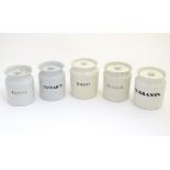 Mintons: Five vintage kitchen banded pots with lids, marked 'Sugar', 'Sago', 'Raisons',