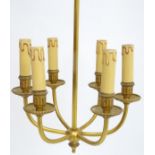 Pendant Chandelier: a gilt brass 6 branch electric light fitting, 36" high with 12 1/2" diameter.