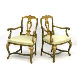 A pair of 18thC Venetian hand painted open armchairs,