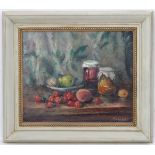 Tade Boronski, 1988, Oil on canvas, Still life, strawberries, potted jam etc.