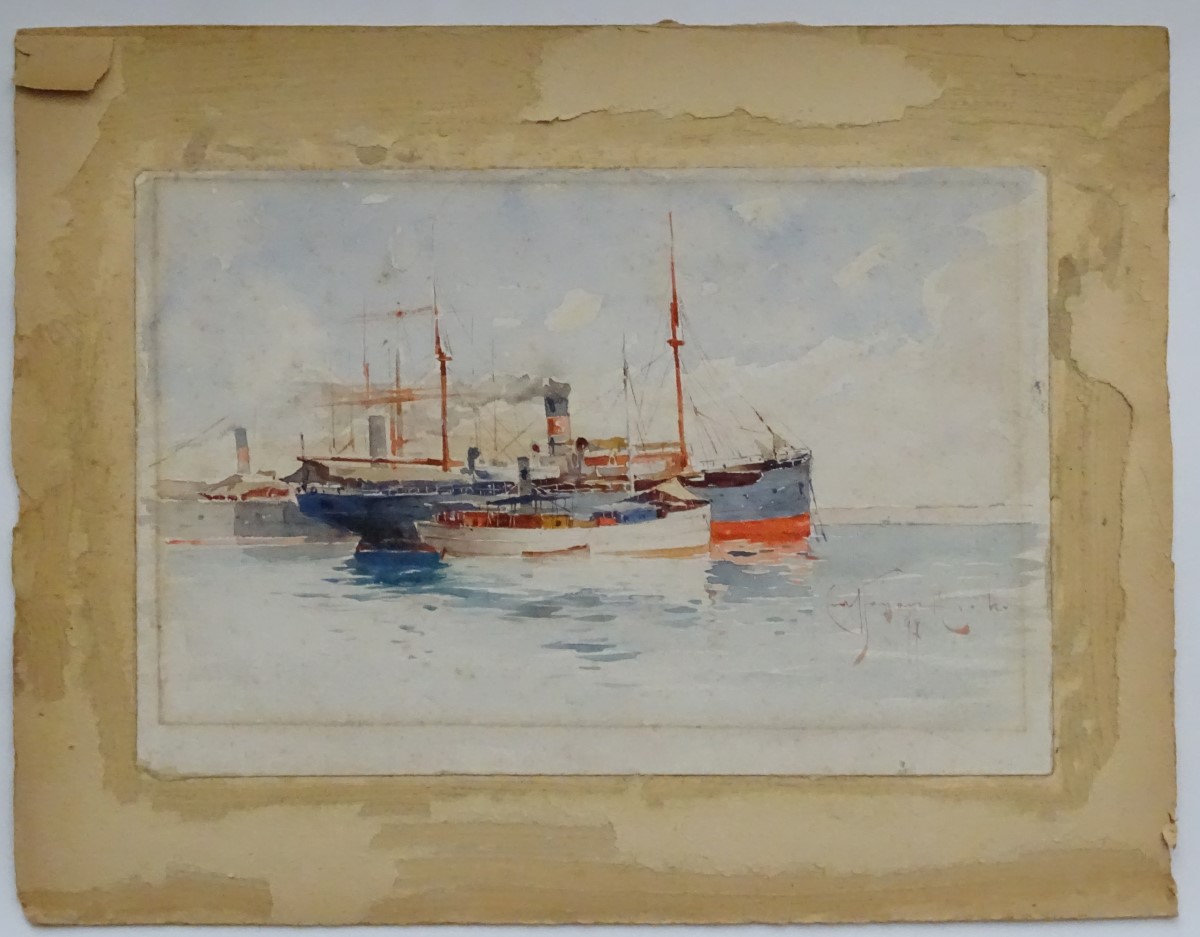 Indistinctly Signed, XIX, Marine School, Watercolour, Moored steam ships, - Image 4 of 7