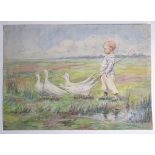 Mid XX, Continental School, Watercolour, A young boy drives geese on a watermeadow.