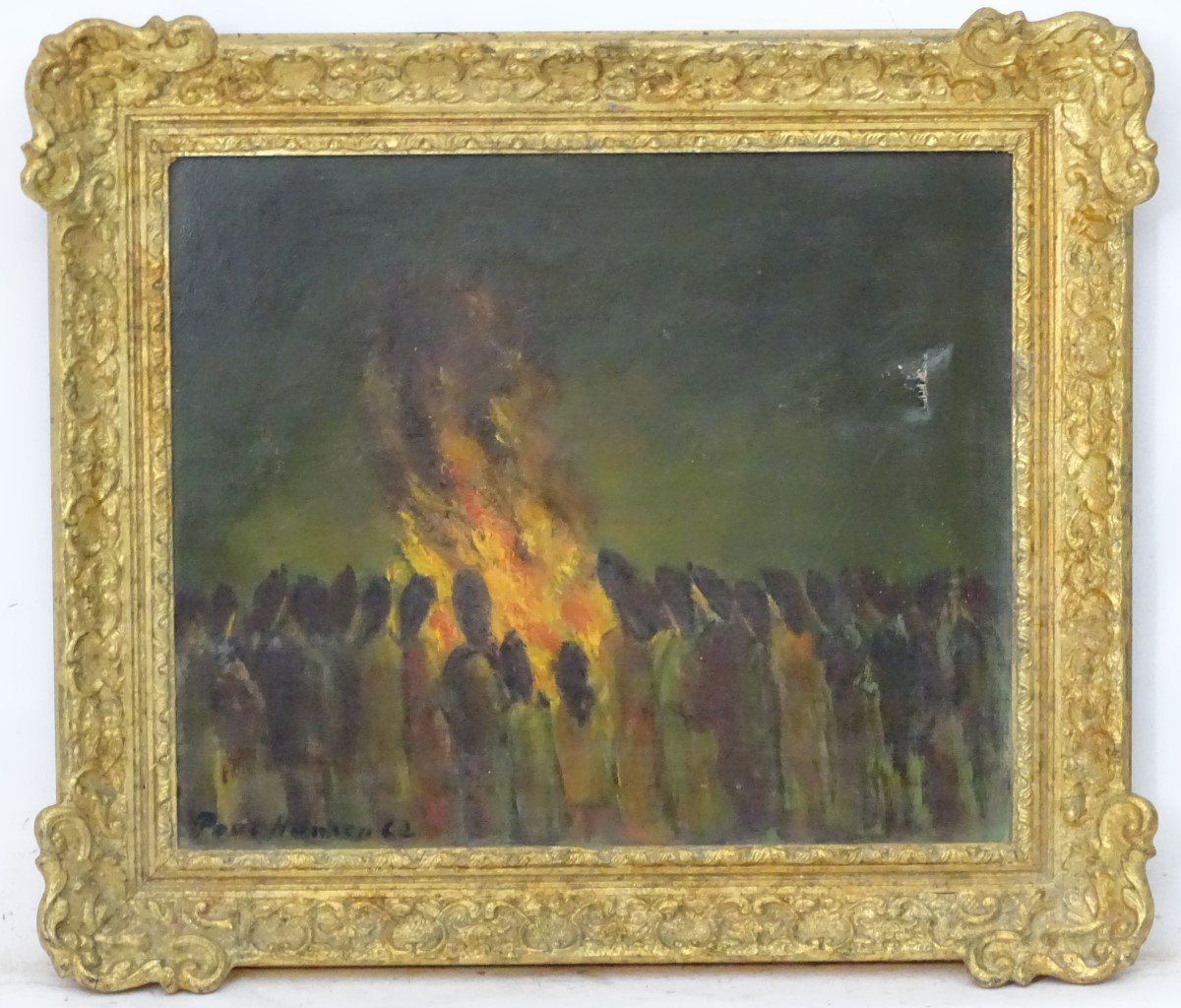 Paul Hawkson, '62, Oil on canvas, Bonfire night, figures around a large fire,