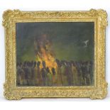 Paul Hawkson, '62, Oil on canvas, Bonfire night, figures around a large fire,