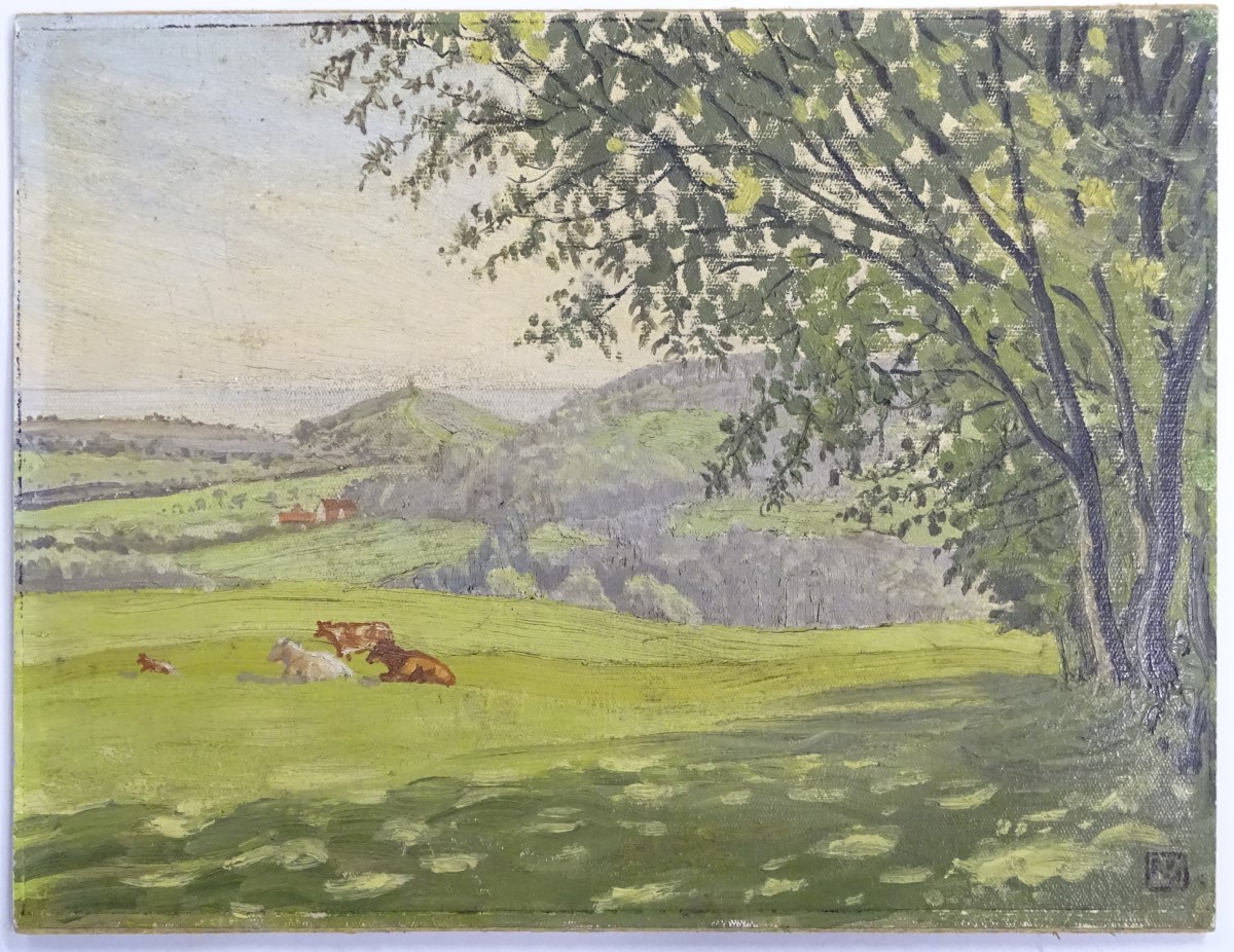 XX, English School, Oil on board, Cattle in a landscape, Monogrammed lower right.