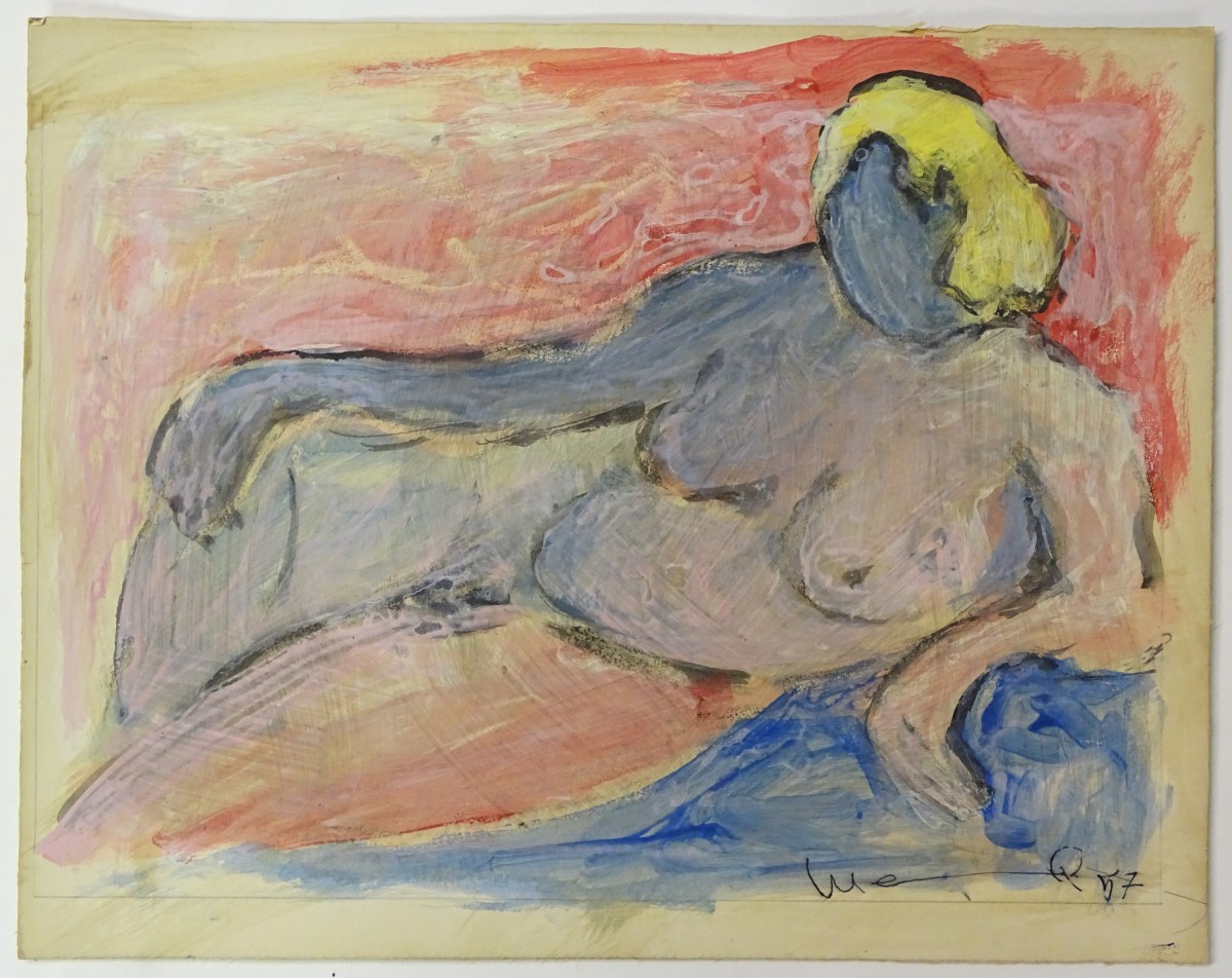 Indistinctly signed (mid XX), Watercolour and gouache, Reclining nude,