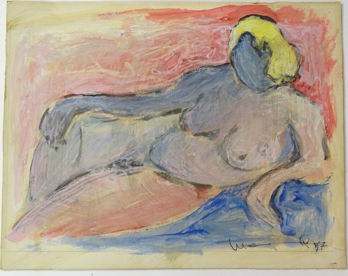 Indistinctly signed (mid XX), Watercolour and gouache, Reclining nude, - Image 3 of 4