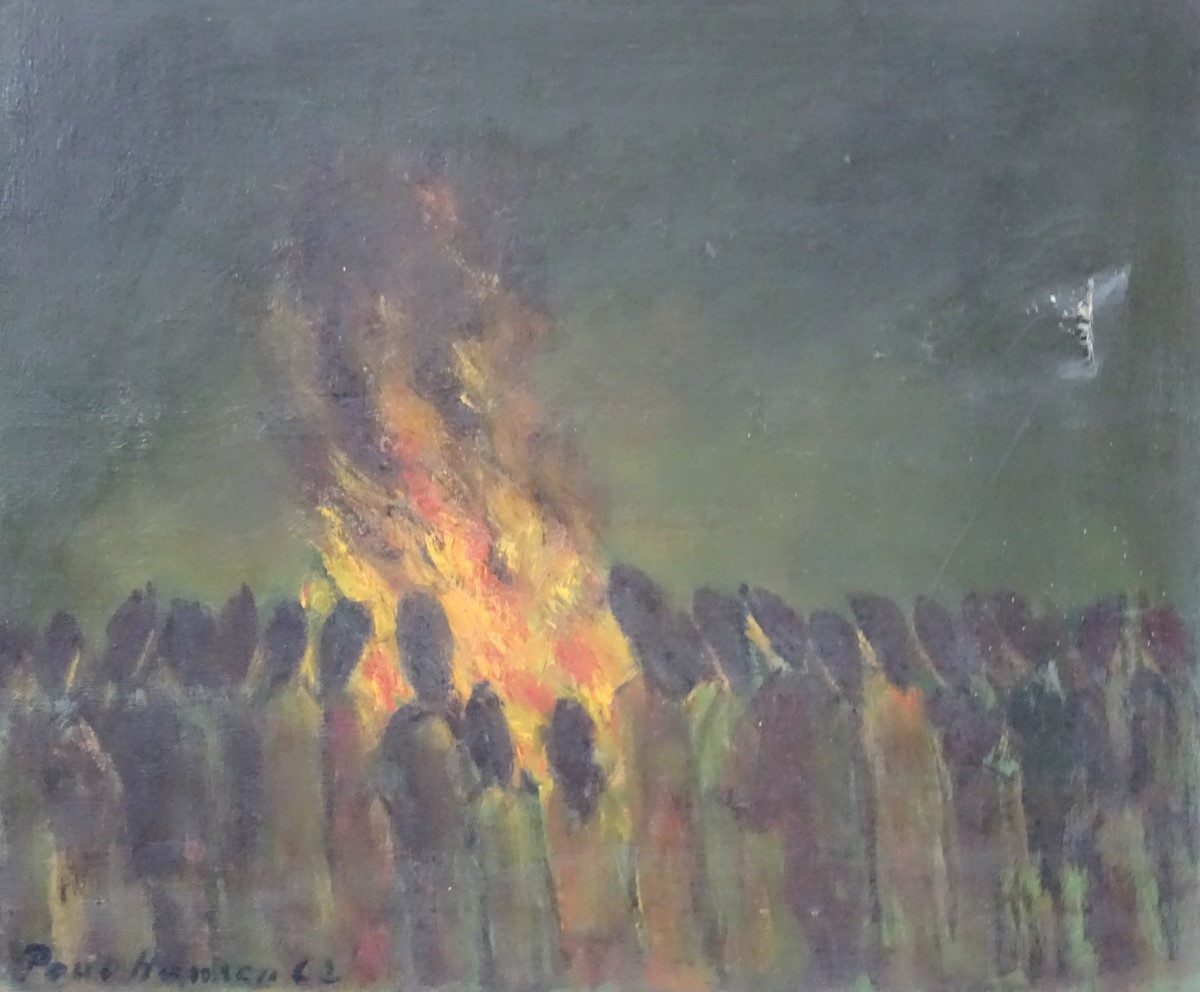 Paul Hawkson, '62, Oil on canvas, Bonfire night, figures around a large fire, - Image 5 of 7