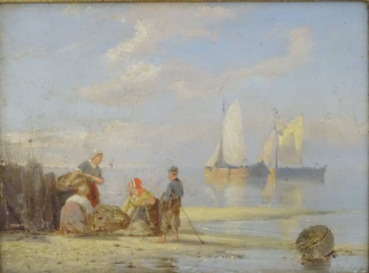 Pieter Cornelis Dommerson (1934-1908), Dutch, Oil on mahogany fielded panel, Figures on the shore, - Image 5 of 7