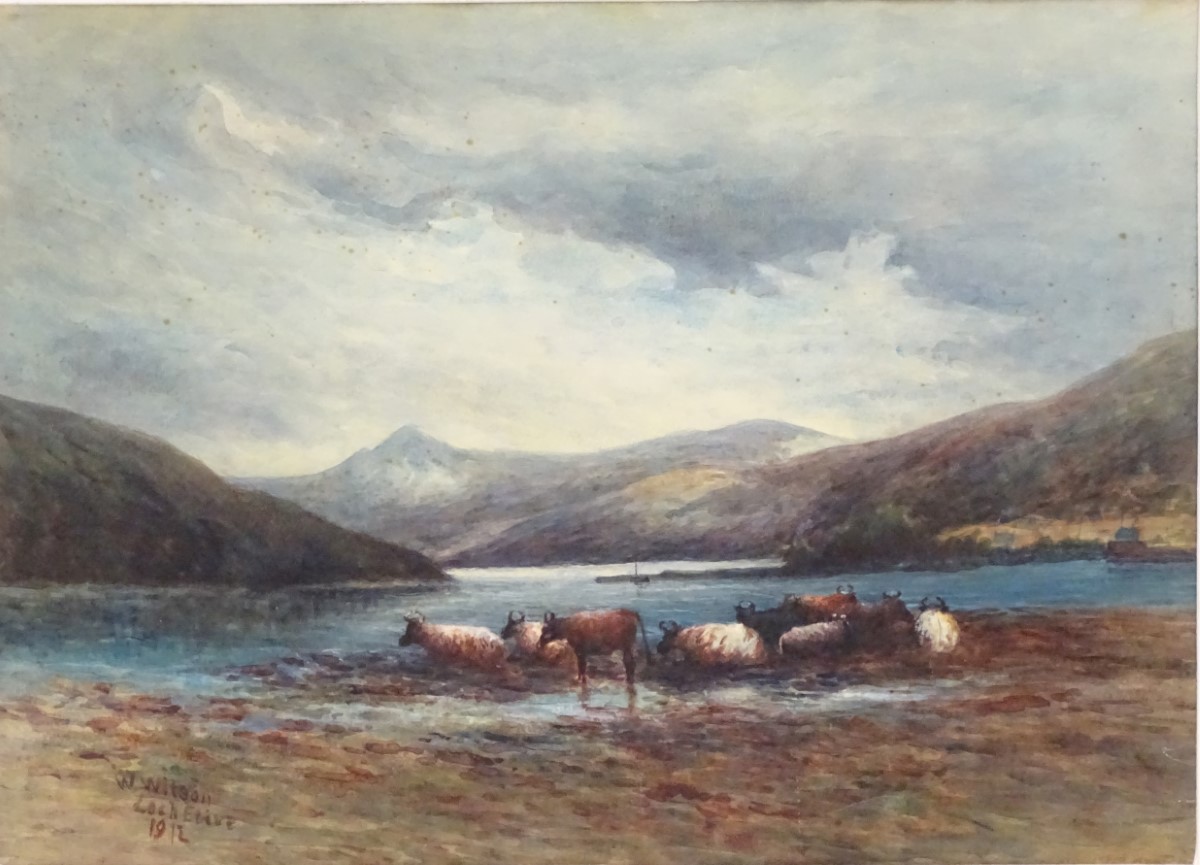 W Wilson, XIX-XX, Scottish School, Watercolour, Cattle about to drink at 'Loch Etive 1912', Signed, - Image 5 of 6