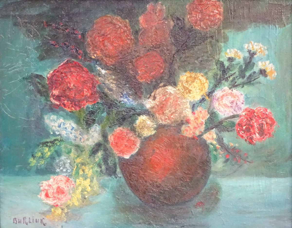 David Burliuk, (1882-1967), Ukrainian / Russian, Oil on canvas, Still life with flowers in a vase, - Image 4 of 7