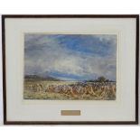 John Keeley (1849-1930), RBSA, Watercolour, 'Harvest' Stokes of corn under a rolling blue sky,