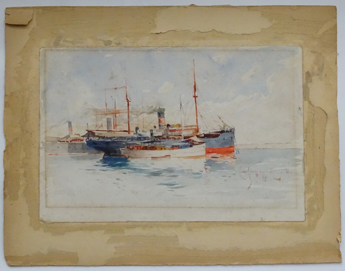 Indistinctly Signed, XIX, Marine School, Watercolour, Moored steam ships, - Image 3 of 7