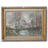 F Davies, XX, Oil on canvas, Cattle beside an autumn river, Signed and dated lower right.