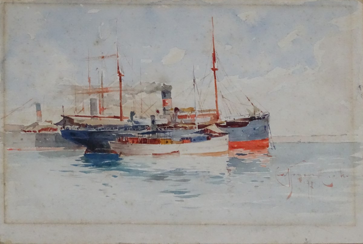 Indistinctly Signed, XIX, Marine School, Watercolour, Moored steam ships, - Image 6 of 7