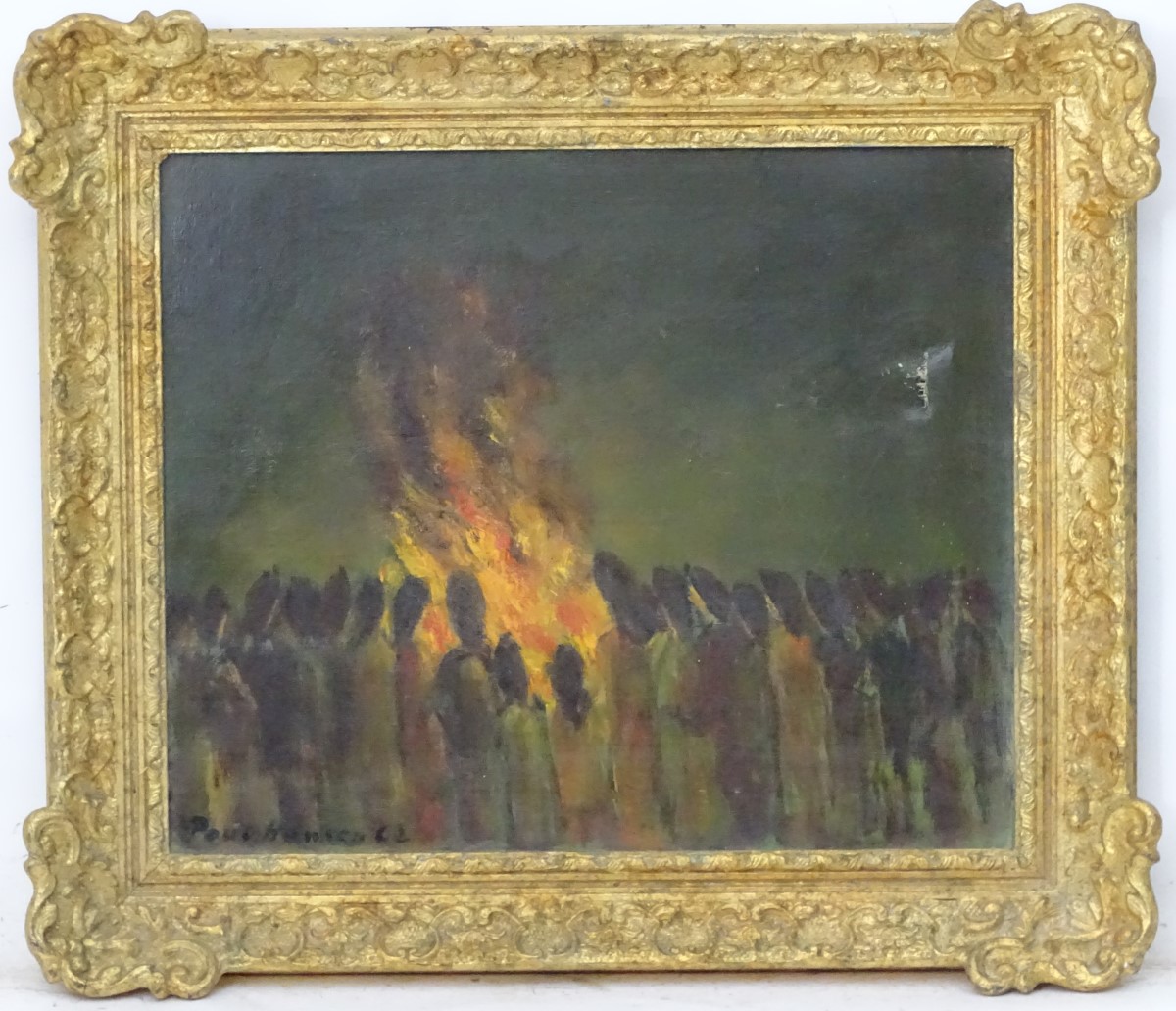 Paul Hawkson, '62, Oil on canvas, Bonfire night, figures around a large fire, - Image 4 of 7