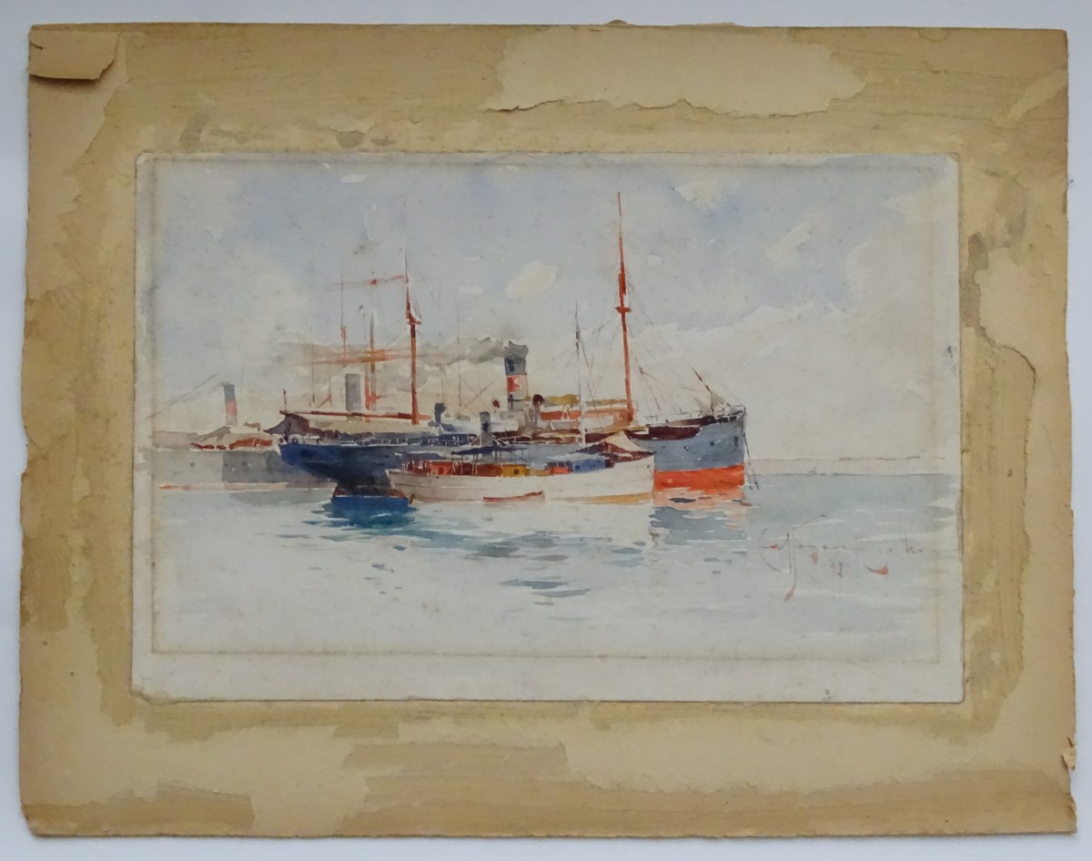 Indistinctly Signed, XIX, Marine School, Watercolour, Moored steam ships,