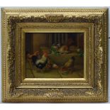 Follower of Edgar Hunt, XX, Oil on canvas, Hens and rabbits, In a heavy gilt frame.