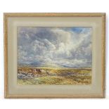 John Keeley (1849-1930), Watercolour, Driving cattle across the moor, Signed lower left.