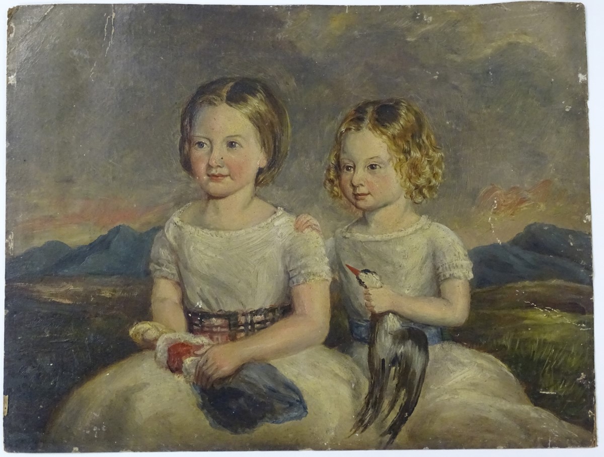 Victorian Scottish Portrait School, Oil on board, Two young girls in a landscape,