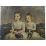 Victorian Scottish Portrait School, Oil on board, Two young girls in a landscape,