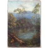 J E Duffy, XIX-XX, Tasmanian School, Oil on canvas, A waterhole near a mountain,