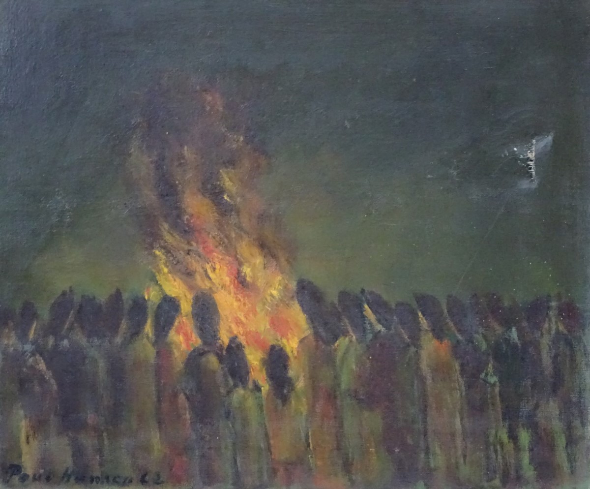 Paul Hawkson, '62, Oil on canvas, Bonfire night, figures around a large fire, - Image 6 of 7