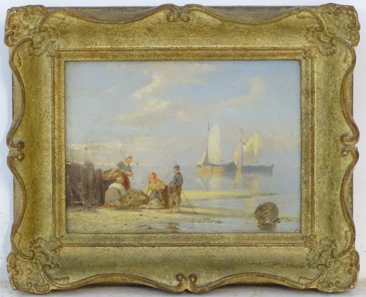 Pieter Cornelis Dommerson (1934-1908), Dutch, Oil on mahogany fielded panel, Figures on the shore, - Image 3 of 7