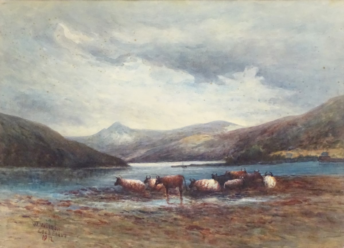 W Wilson, XIX-XX, Scottish School, Watercolour, Cattle about to drink at 'Loch Etive 1912', Signed, - Image 4 of 6