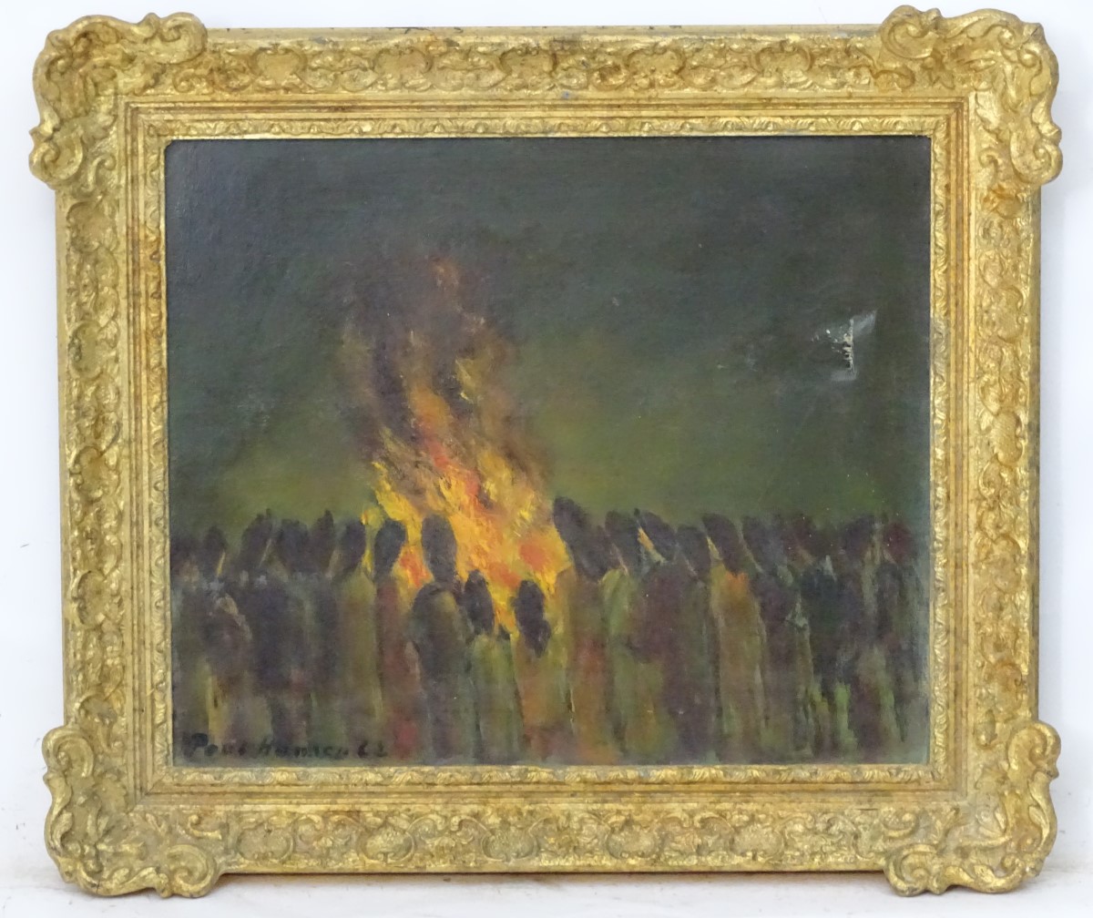 Paul Hawkson, '62, Oil on canvas, Bonfire night, figures around a large fire, - Image 3 of 7