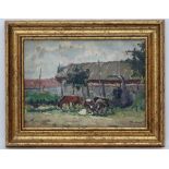 XX, Ukrainian School, Oil on card, A scene depicting a working farm with a horse and cart,