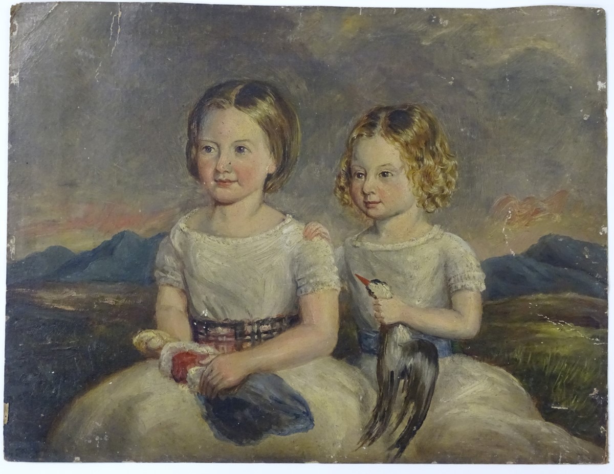 Victorian Scottish Portrait School, Oil on board, Two young girls in a landscape, - Image 2 of 2