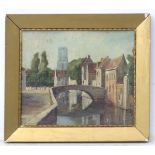 Early XX, Belgian School, Oil on board, A Bruges bridge over a canal,