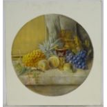 Gertrude Farmer, 1864, Watercolour, a tondo, Still life of fruit and gilt goblet, on a stone ledge,