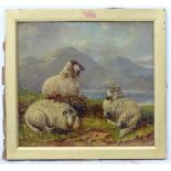 J Morris, XIX, Oil on board, Scottish longhorn sheep beside a loch, Signed lower left.